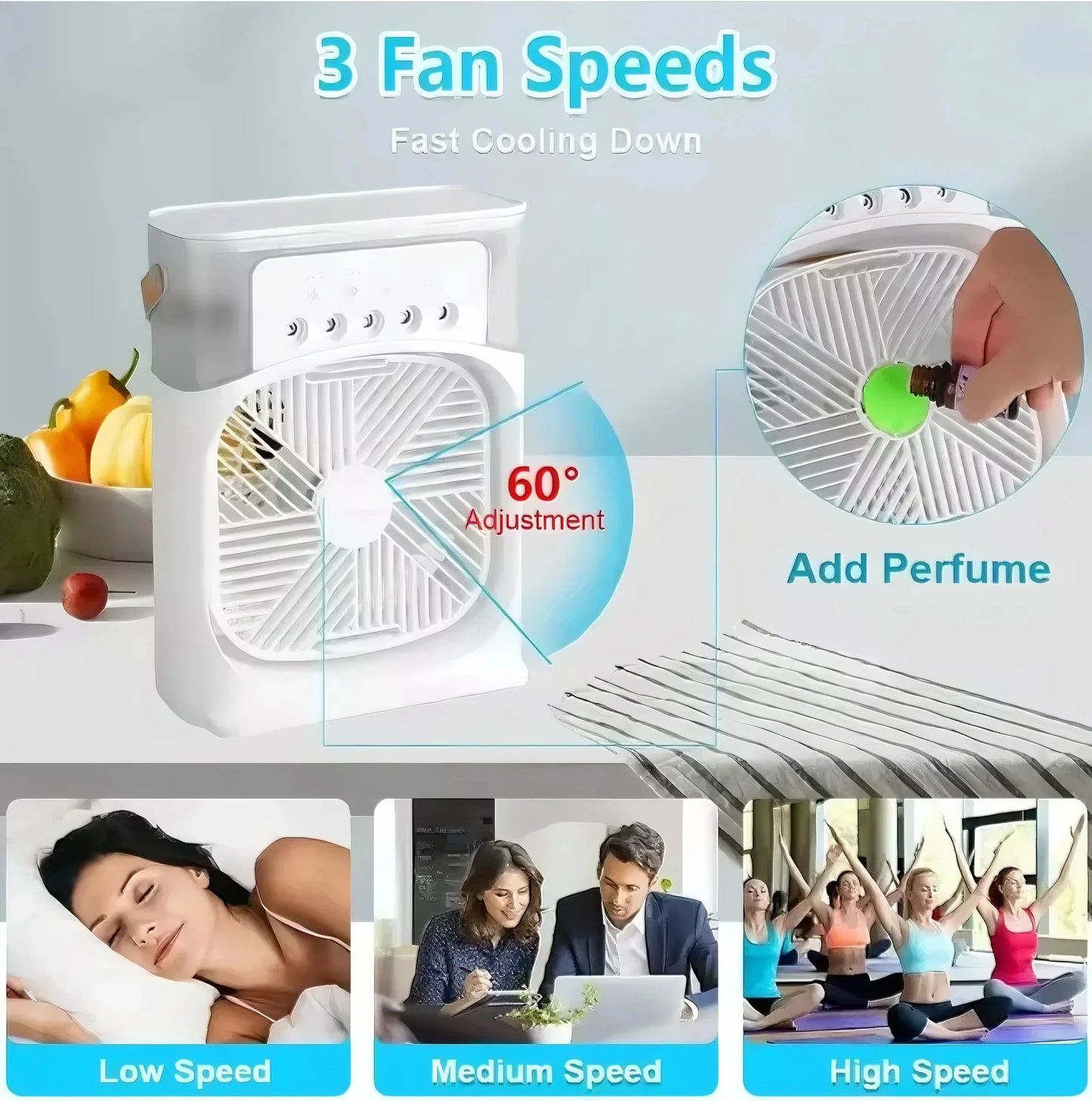 FrostyMate™ USB-C 7 LED night light, 5-hole humidifier, 1-3 hour timer portable fan.