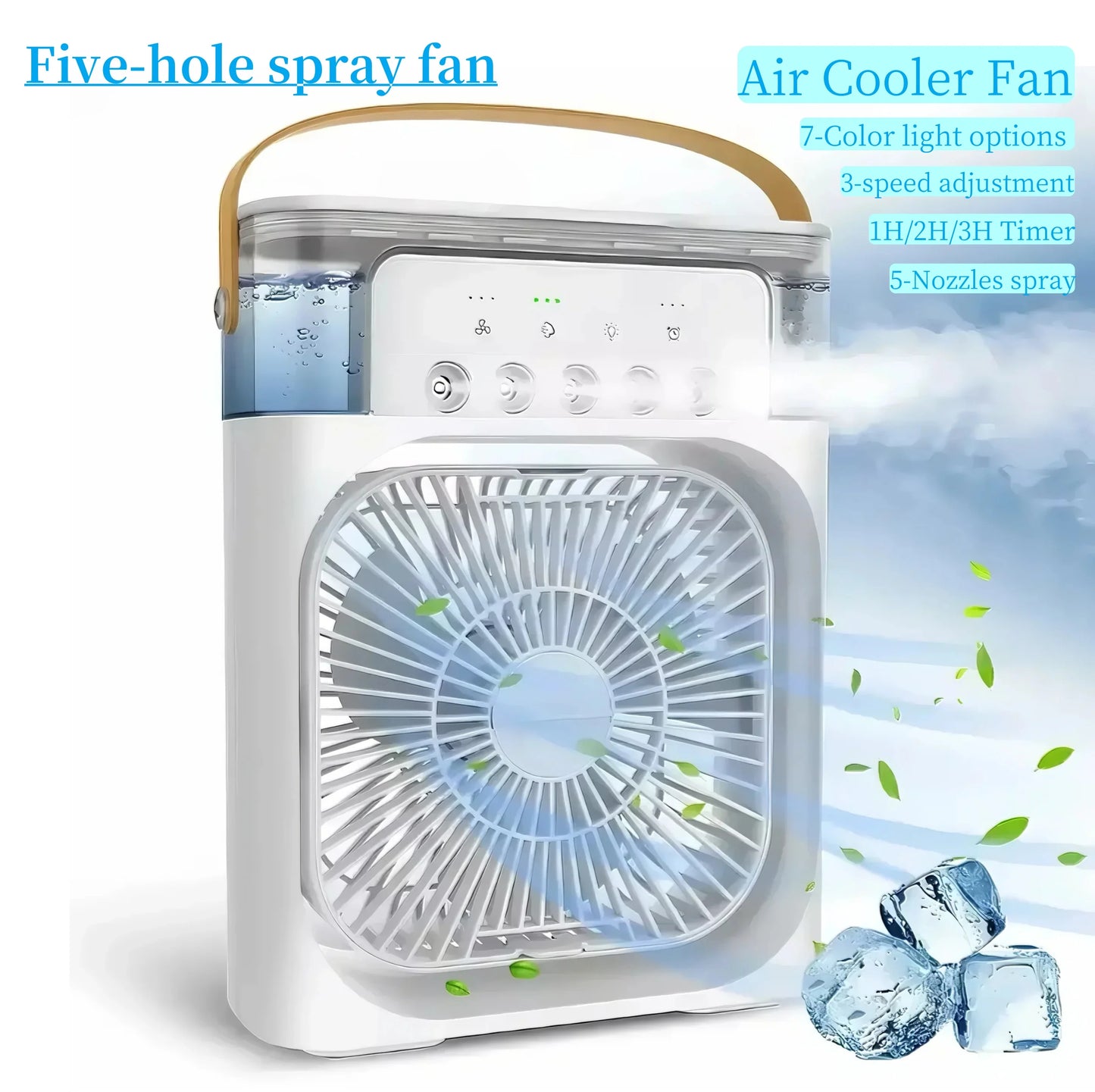 FrostyMate™ USB-C 7 LED night light, 5-hole humidifier, 1-3 hour timer portable fan.