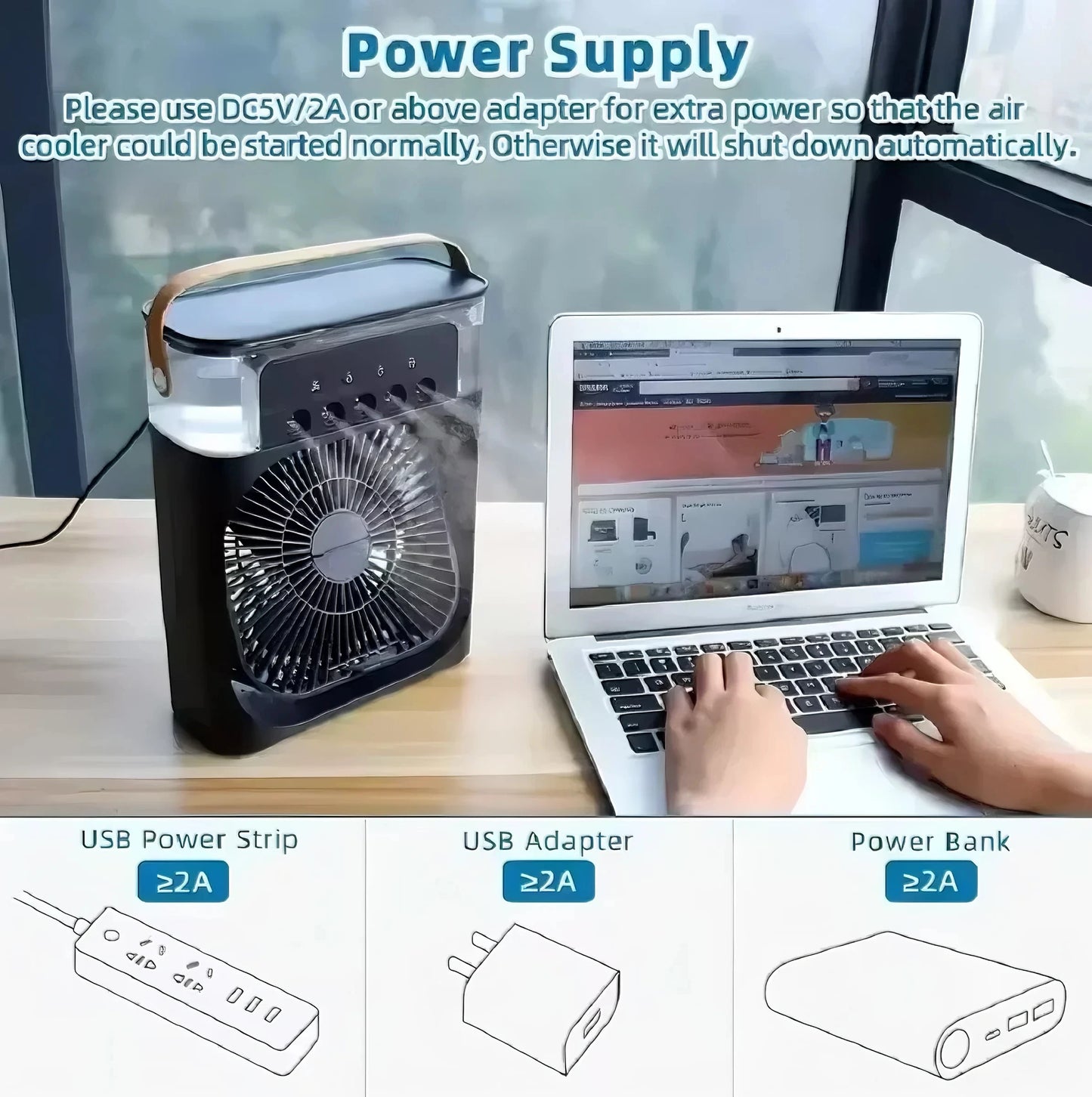 FrostyMate™ USB-C 7 LED night light, 5-hole humidifier, 1-3 hour timer portable fan.