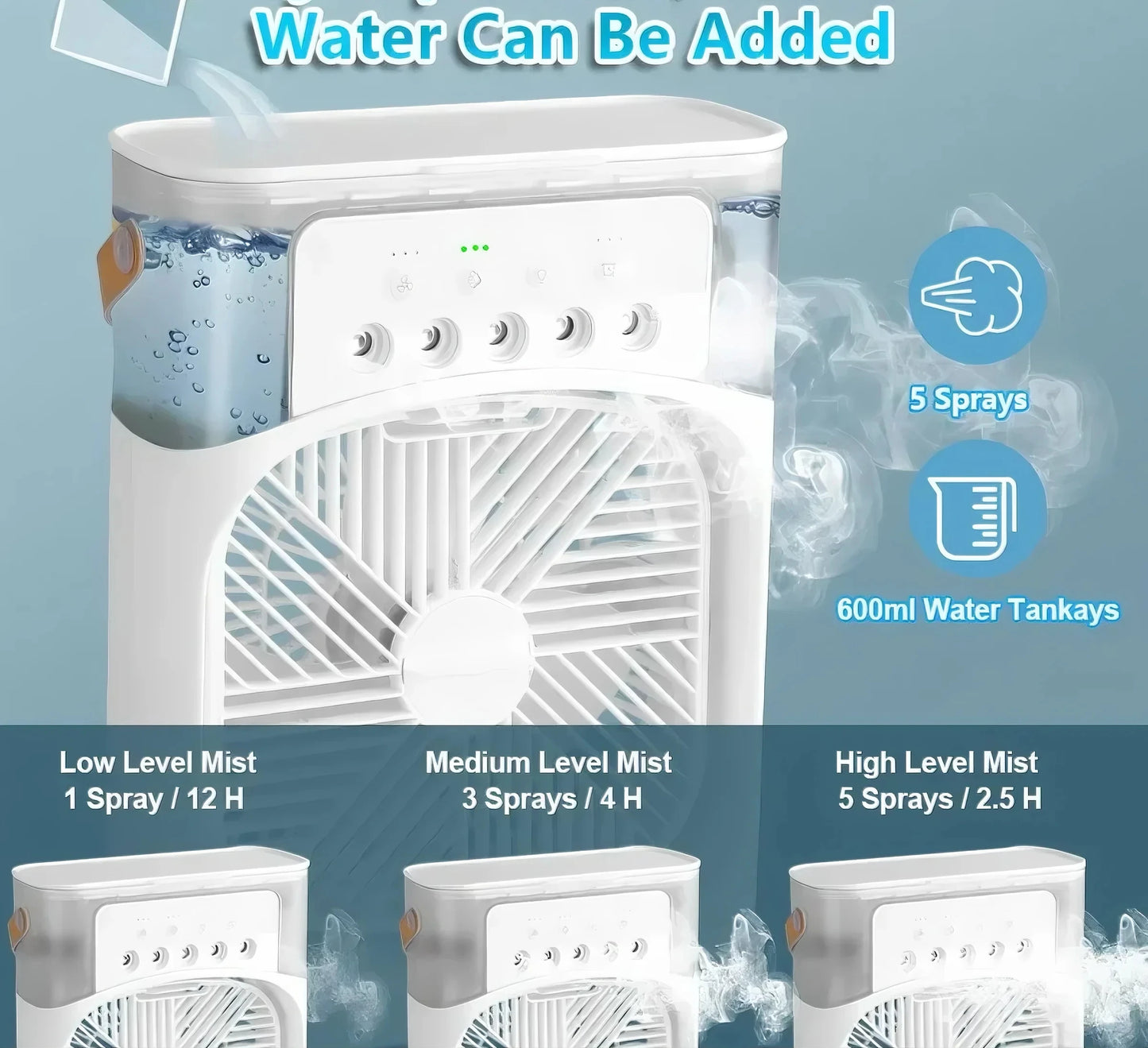 FrostyMate™ USB-C 7 LED night light, 5-hole humidifier, 1-3 hour timer portable fan.
