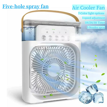 FrostyMate™ USB-C 7 LED night light, 5-hole humidifier, 1-3 hour timer portable fan.