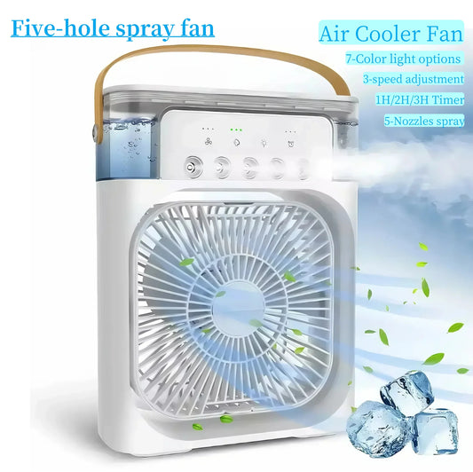 FrostyMate™ USB-C 7 LED night light, 5-hole humidifier, 1-3 hour timer portable fan.
